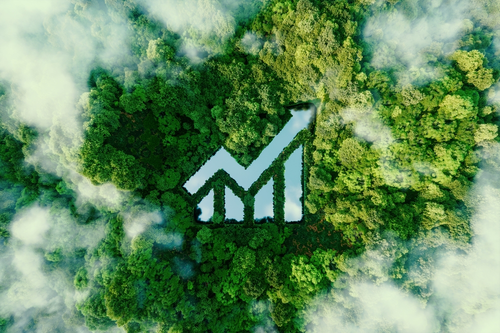 A graph graphic shown amongst an aerial shot of a forest
