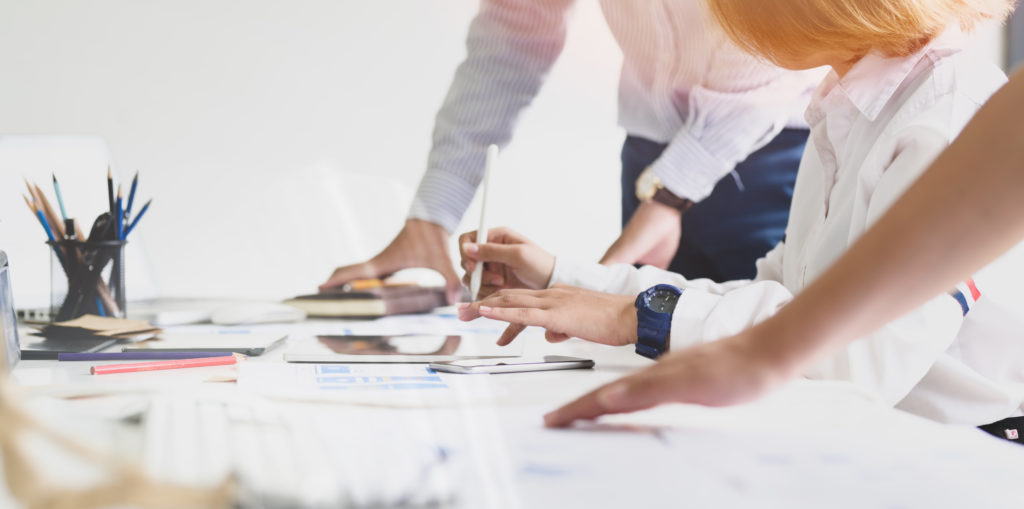 Professionals looking at documents in an office environment to represent brand management