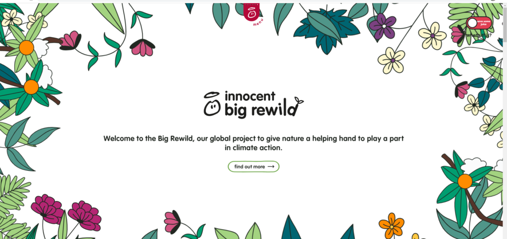 Innocent's website homepage, showing the Big Rewild project, highlighting a good example of brand management