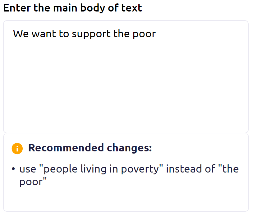Example of the Tone of Voice Assistant suggesting 'the poor' be corrected to 'people living in poverty'