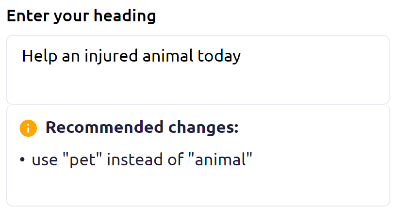 An example of Tone of Voice Assistant suggesting 'animal' be corrected to 'pet'